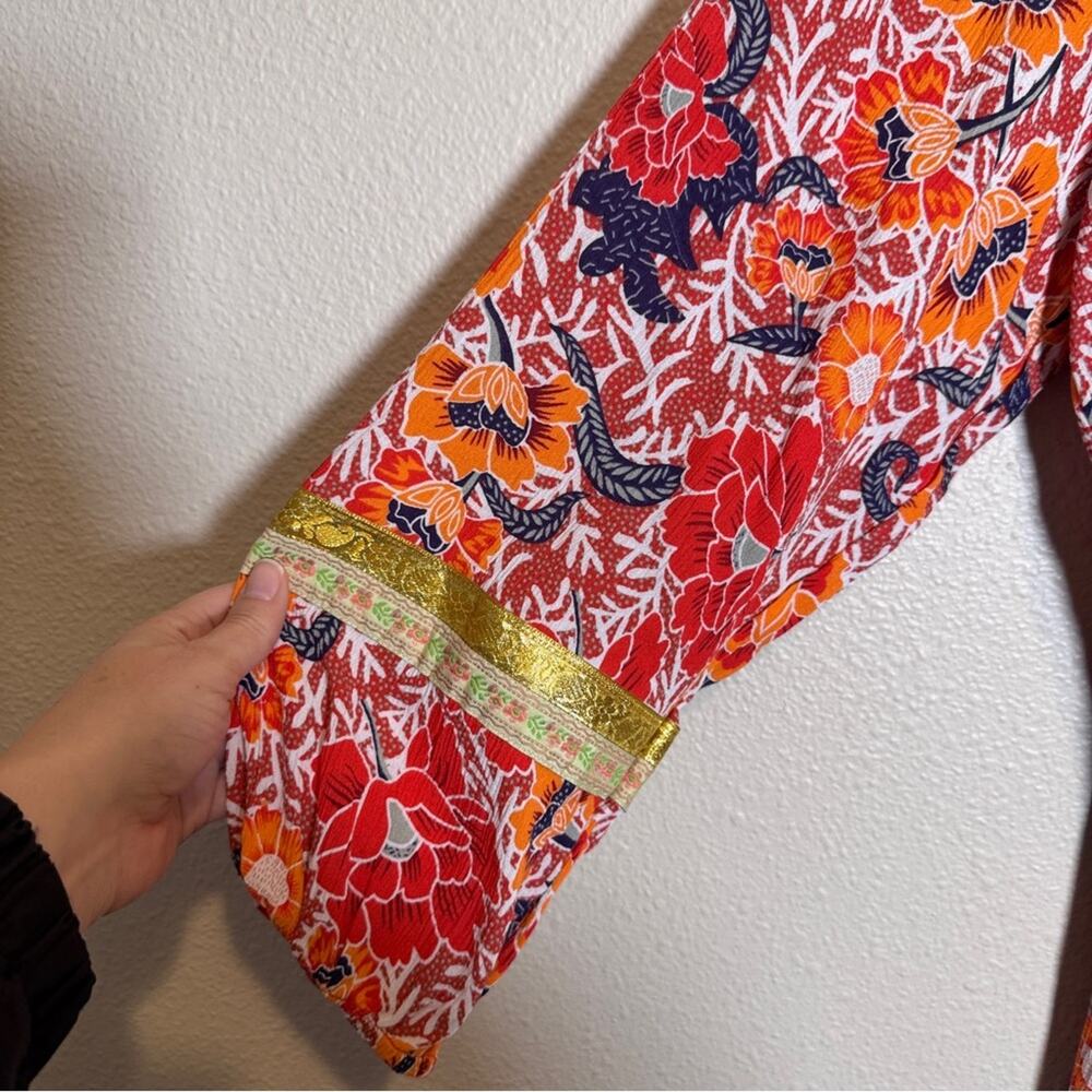 Cynthia Rowley Red Gold Floral Boho Blouse Womens 1X Fall Peasant Flowy Shirt - Picture 12 of 13